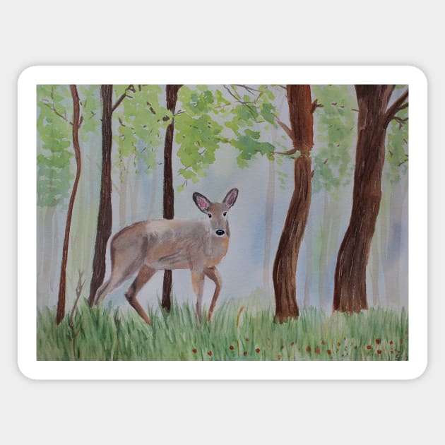 Deer in the Forest Watercolor Painting Sticker by Sandraartist